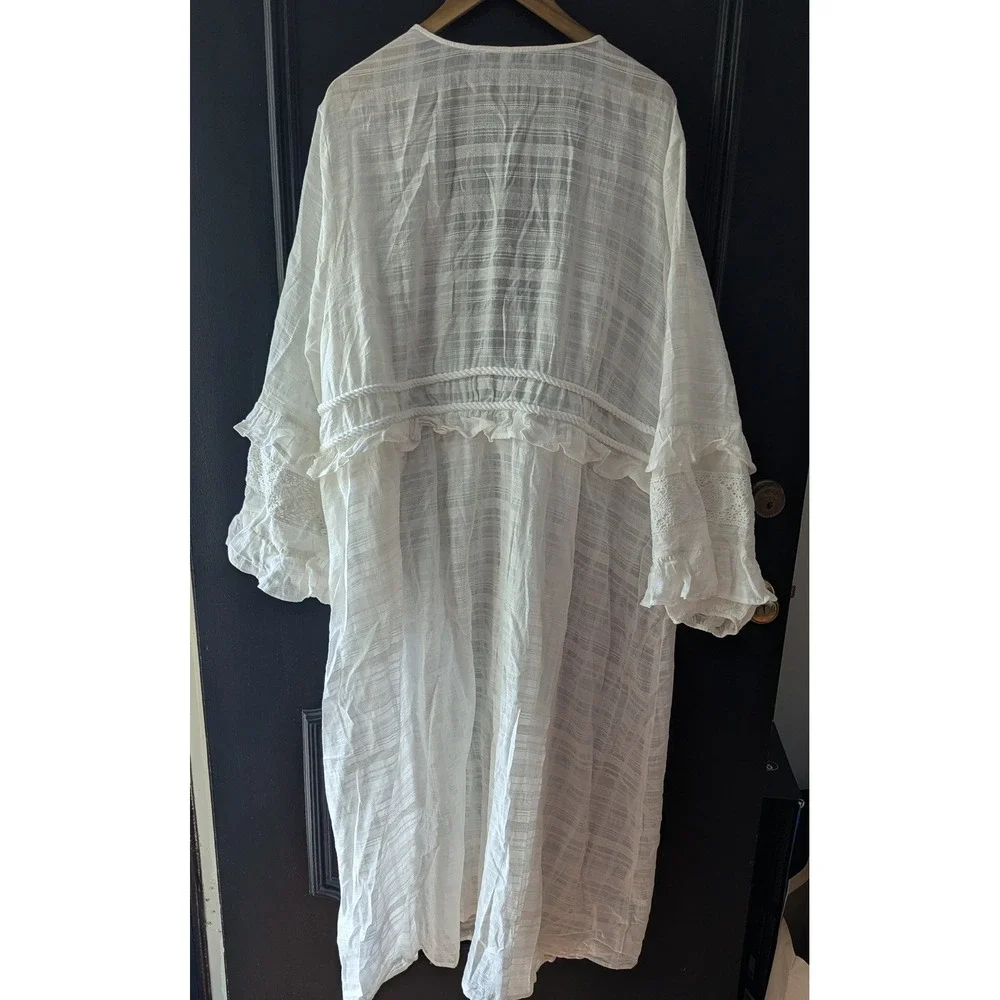 White Gauze Kimono Duster Ruffle Lace‎ Rope Tie Sz 3X Longline Fairy Resortwear